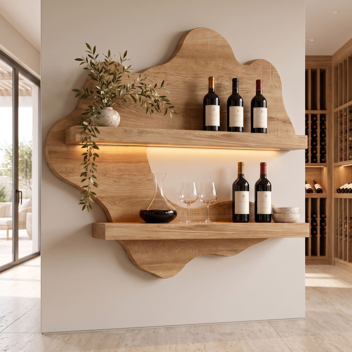 Norevale Contoured Panel Handcrafted Floating Wine Shelf by Timberustic — Natural Oak finish
