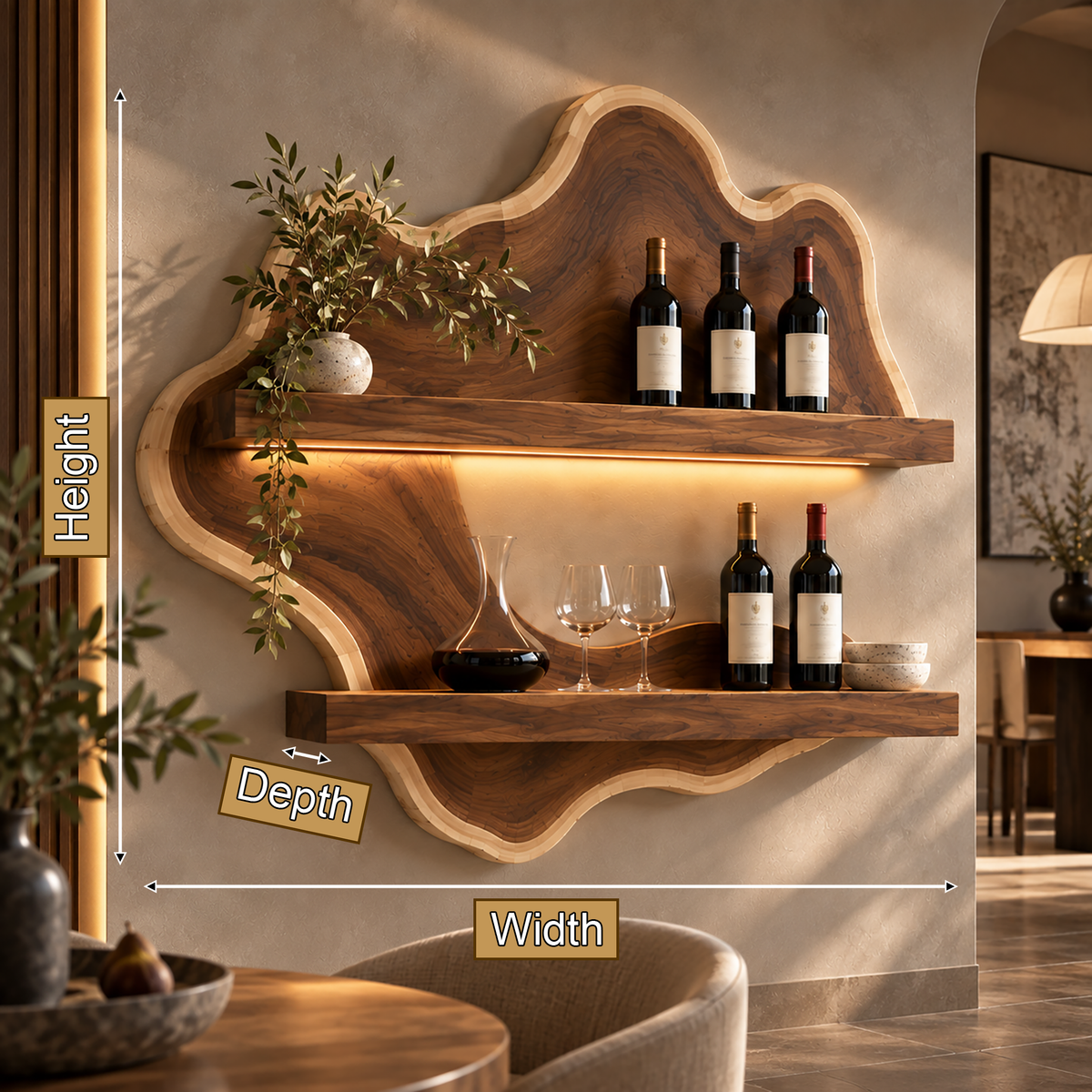 Norevale Contoured Panel Handcrafted Floating Wine Shelf by Timberustic — product dimensions