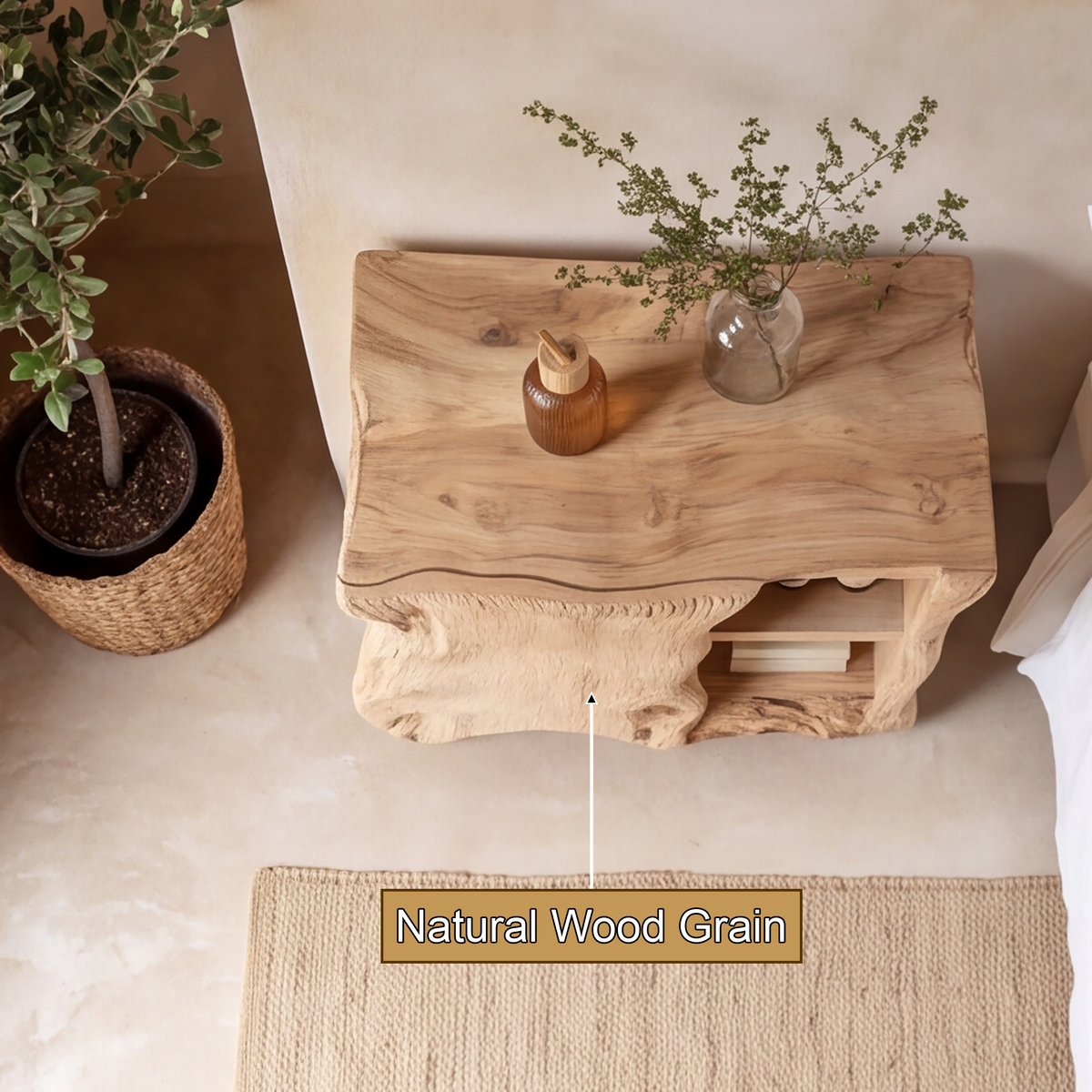 Norevella Asymmetrical Live Edge Handcrafted Bedside Table by Timberustic — natural wood grain detail