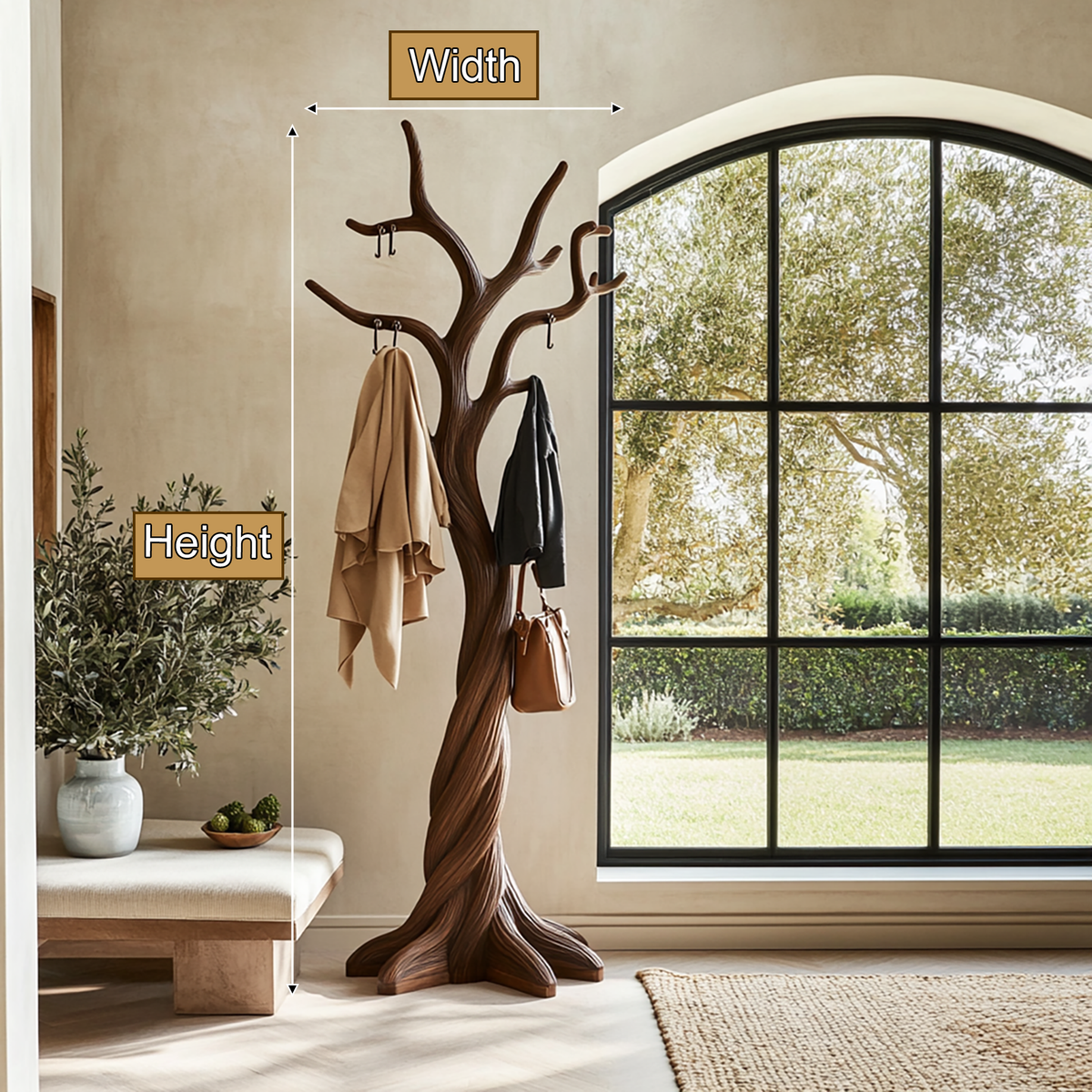 Norilora Twisting Sculpted Tree Coat Rack by Timberustic — product dimensions