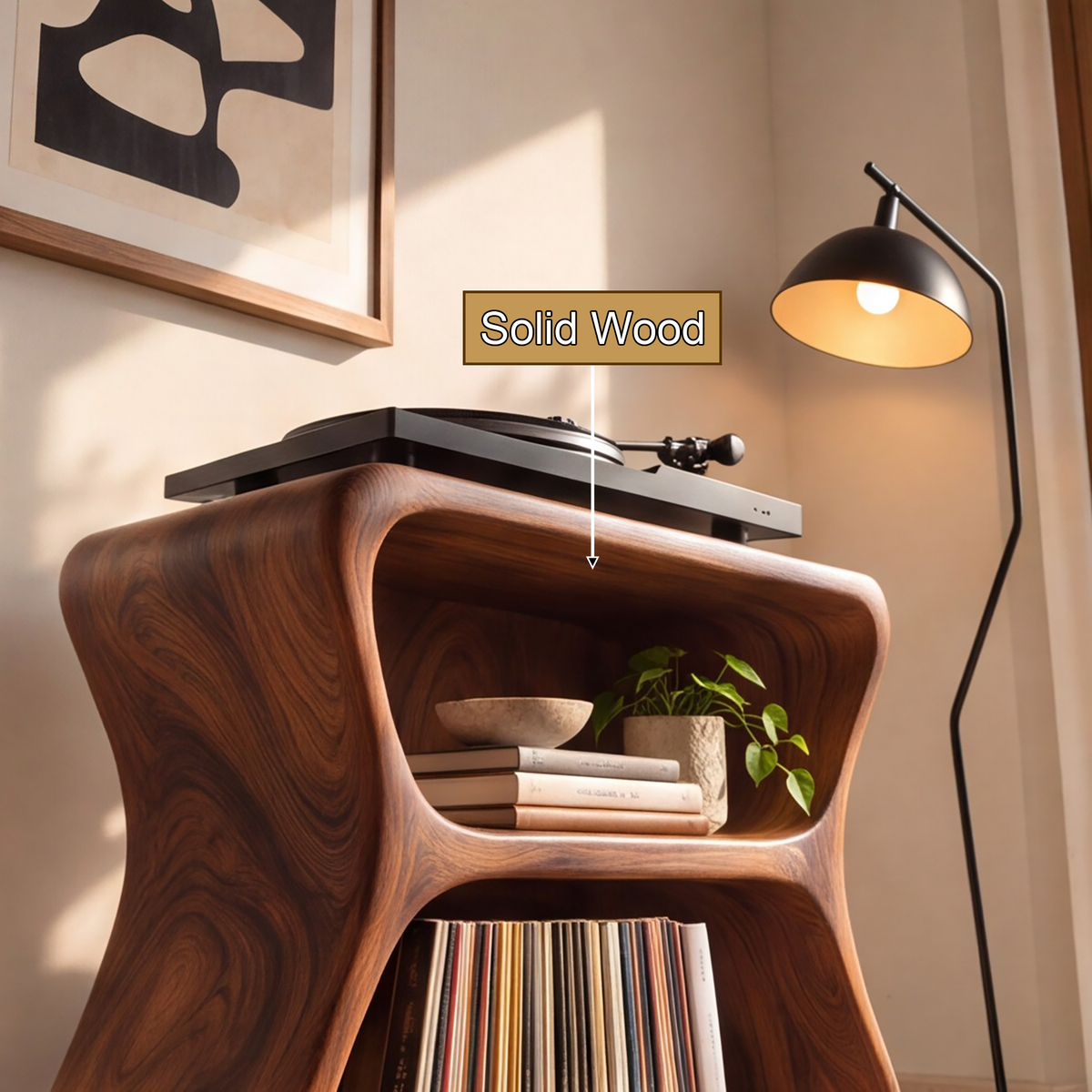Norilune Sculpted Hourglass Frame Handcrafted Record Player Stand With Storage by Timberustic — solid wood detail