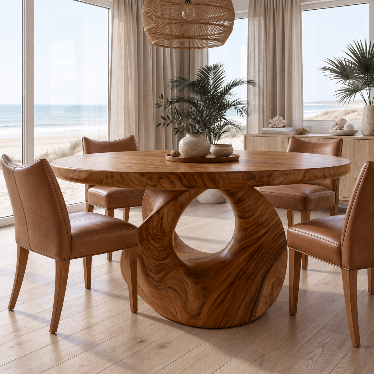 Noririen Sculpted Pedestal Handcrafted Round Dining Table by Timberustic — Brown finish