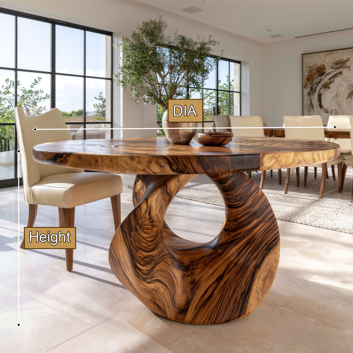 Noririen Sculpted Pedestal Handcrafted Round Dining Table by Timberustic — product dimensions