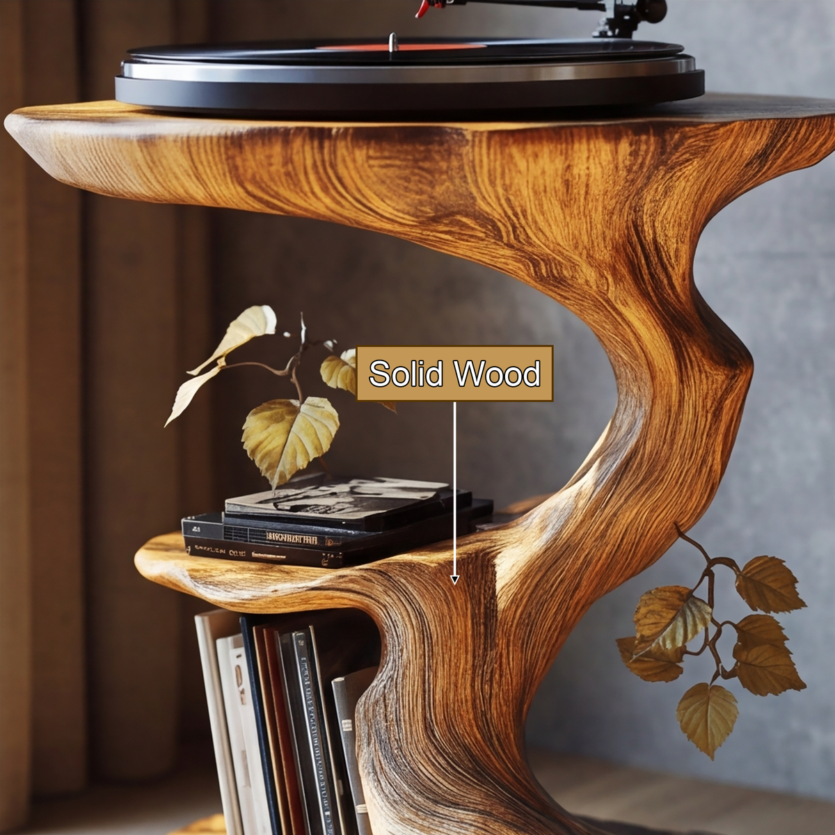 Norivane Branching Sculpted Handcrafted Record Player Stand With Storage by Timberustic — solid wood detail