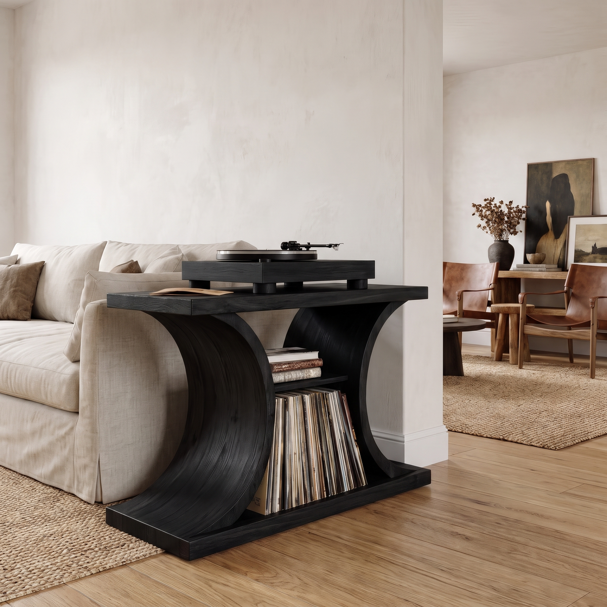 Norodell Curved Frame Handcrafted Record Player Stand With Storage Black - Timberustic Record Player Stand With Storage