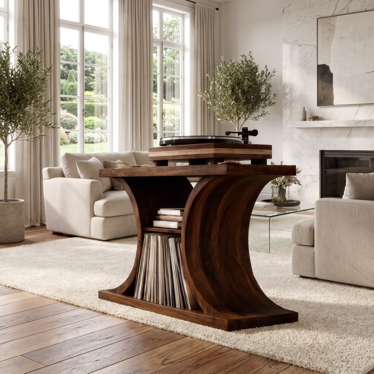 Norodell Curved Frame Handcrafted Record Player Stand With Storage Dark Walnut - Timberustic Record Player Stand With Storage