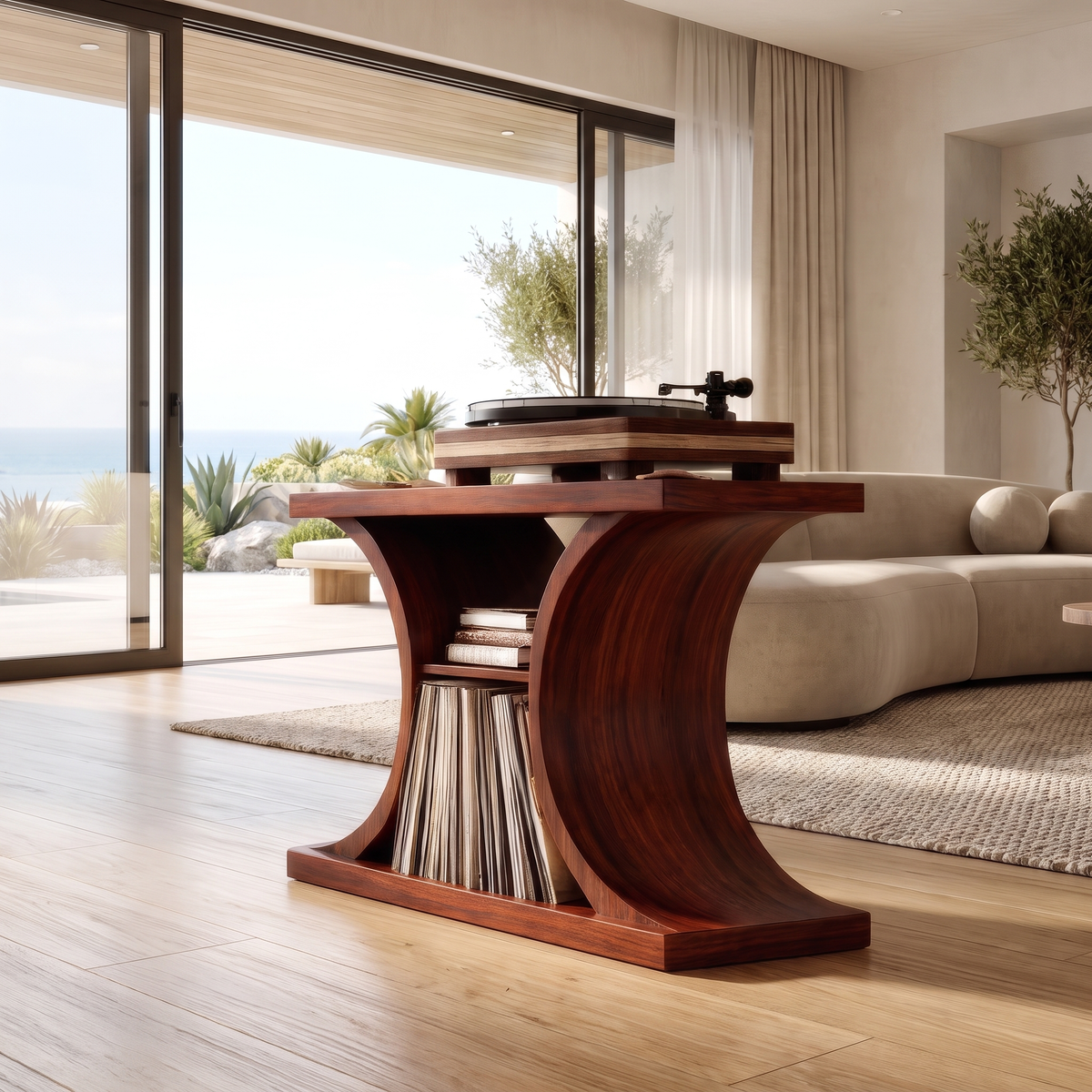 Norodell Curved Frame Handcrafted Record Player Stand With Storage Mahogany - Timberustic Record Player Stand With Storage