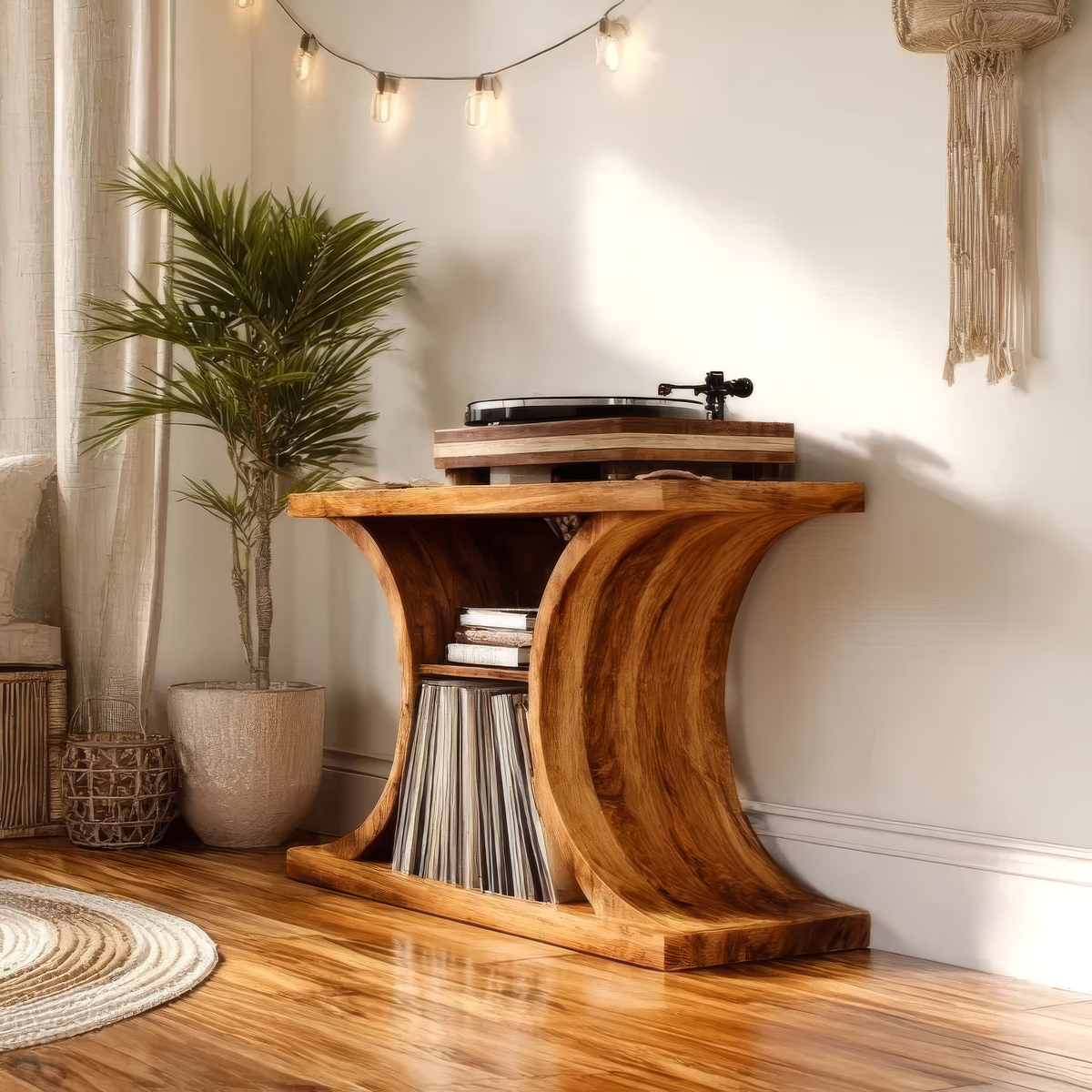 Norodell Curved Frame Handcrafted Record Player Stand With Storage - Timberustic Record Player Stand With Storage