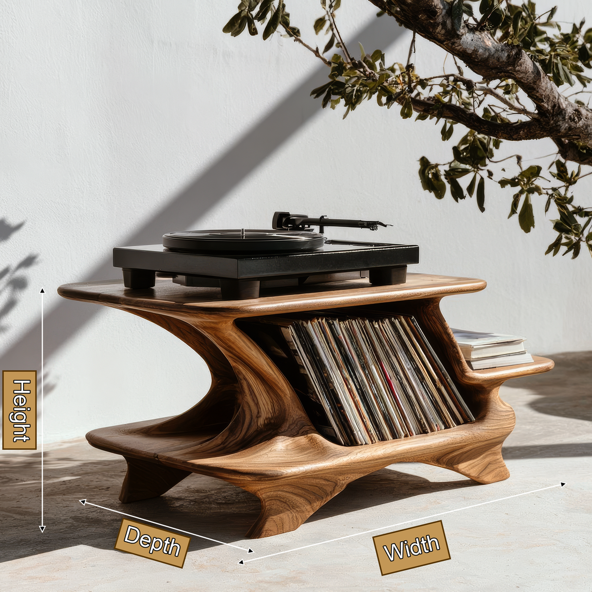 Nororell Flowing Sculpted Handcrafted Record Player Stand With Storage - Timberustic Record Player Stand With Storage