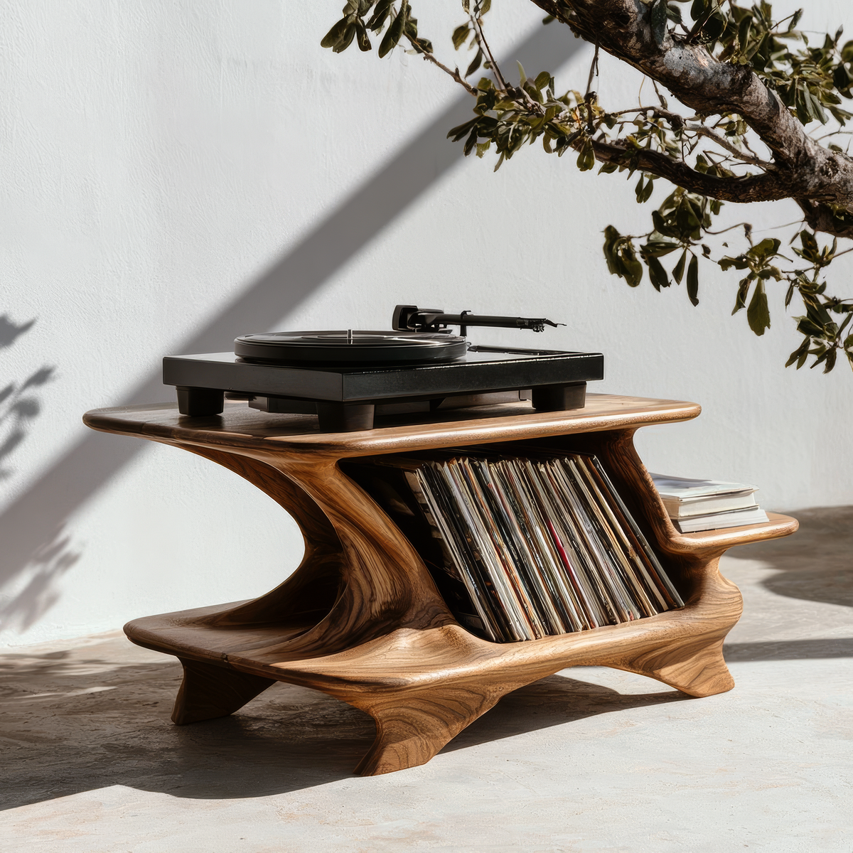 Nororell Flowing Sculpted Handcrafted Record Player Stand With Storage - Timberustic Record Player Stand With Storage