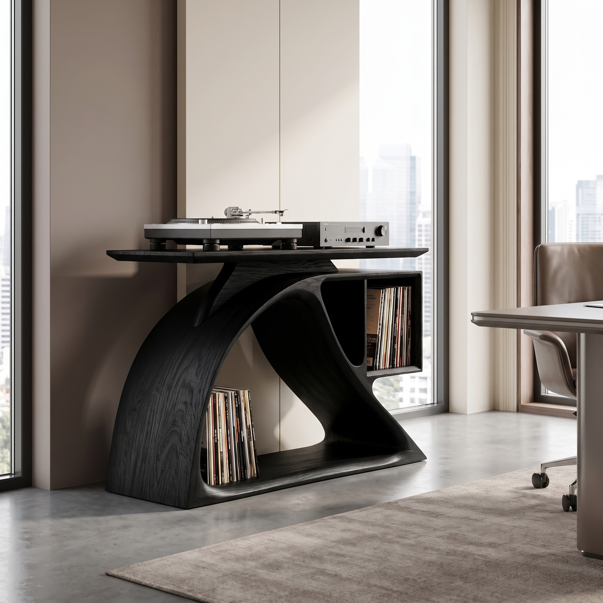 Nororien Sweeping Arch Handcrafted Record Player Stand With Storage Black - Timberustic Record Player Stand With Storage