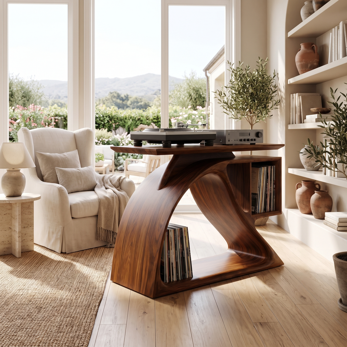 Nororien Sweeping Arch Handcrafted Record Player Stand With Storage Brown - Timberustic Record Player Stand With Storage