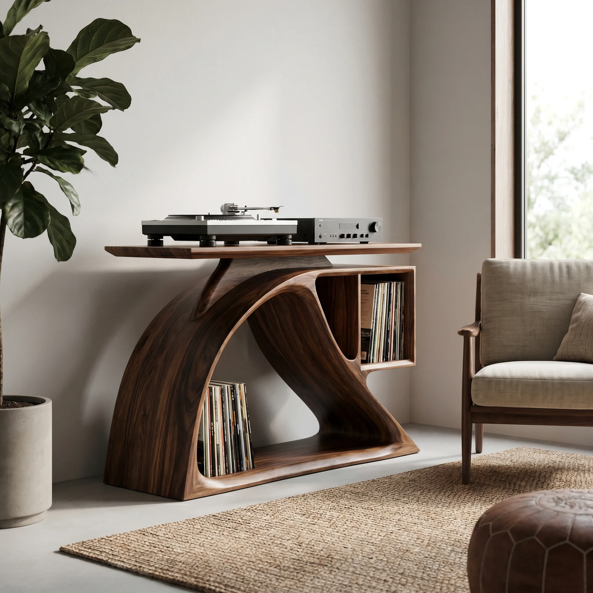 Nororien Sweeping Arch Handcrafted Record Player Stand With Storage - Timberustic Record Player Stand With Storage