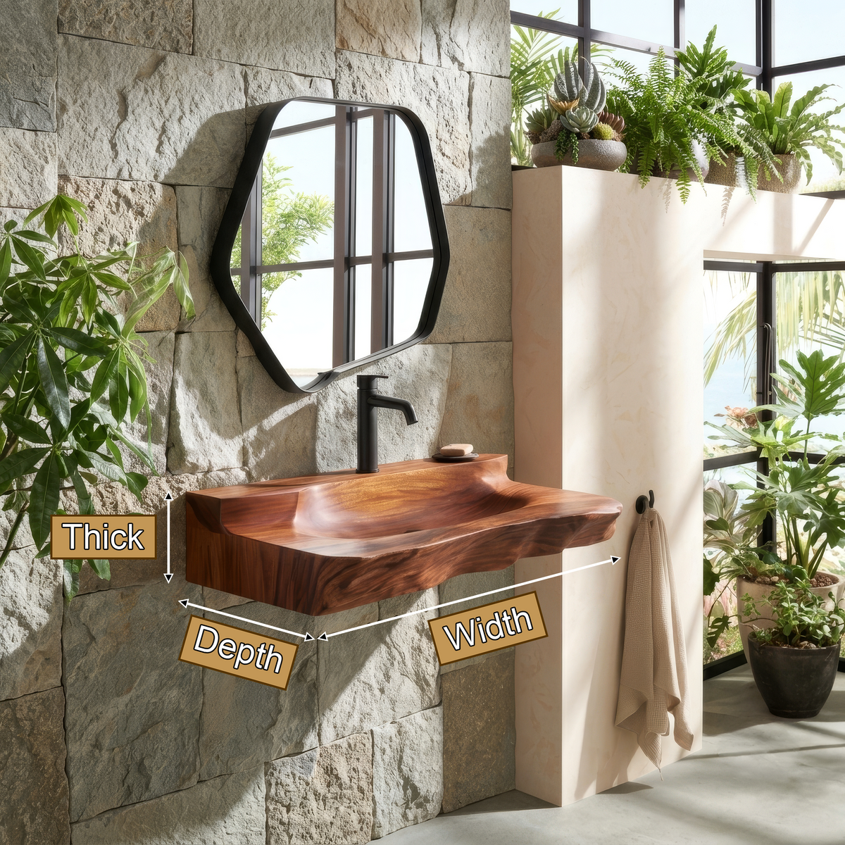 Norovella Sculpted Basin Handcrafted Floating Bathroom Vanity with Integrated Sink by Timberustic — product dimensions