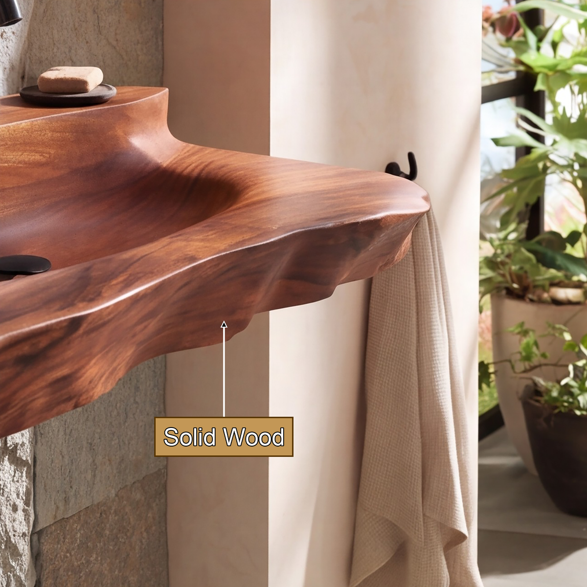 Norovella Sculpted Basin Handcrafted Floating Bathroom Vanity with Integrated Sink by Timberustic — solid wood detail