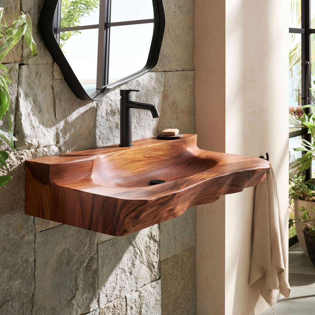 Norovella Sculpted Basin Handcrafted Floating Bathroom Vanity with Integrated Sink by Timberustic — overall product view