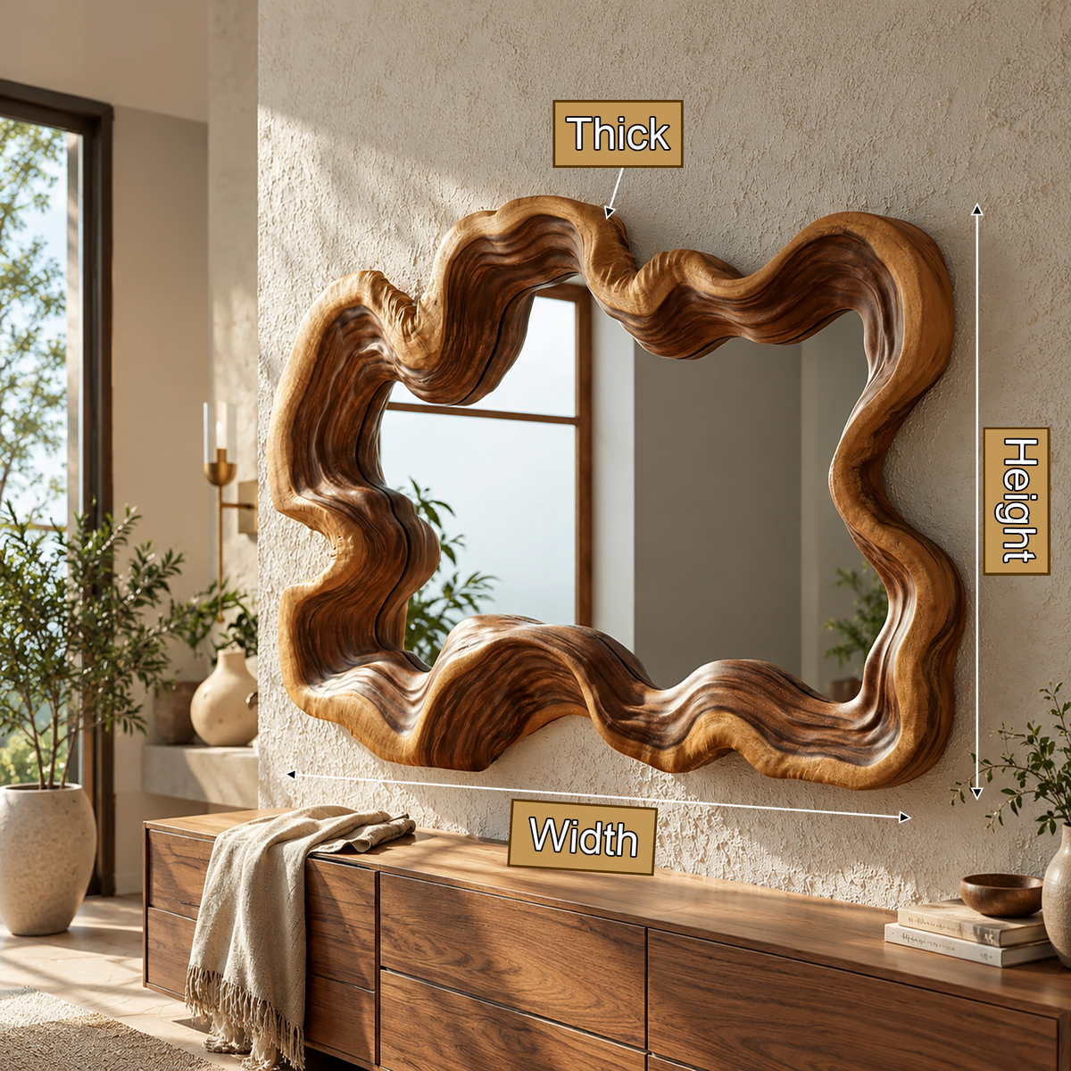 Ondavyr Undulating Sculpted Handcrafted Mirror Frame by Timberustic — product dimensions