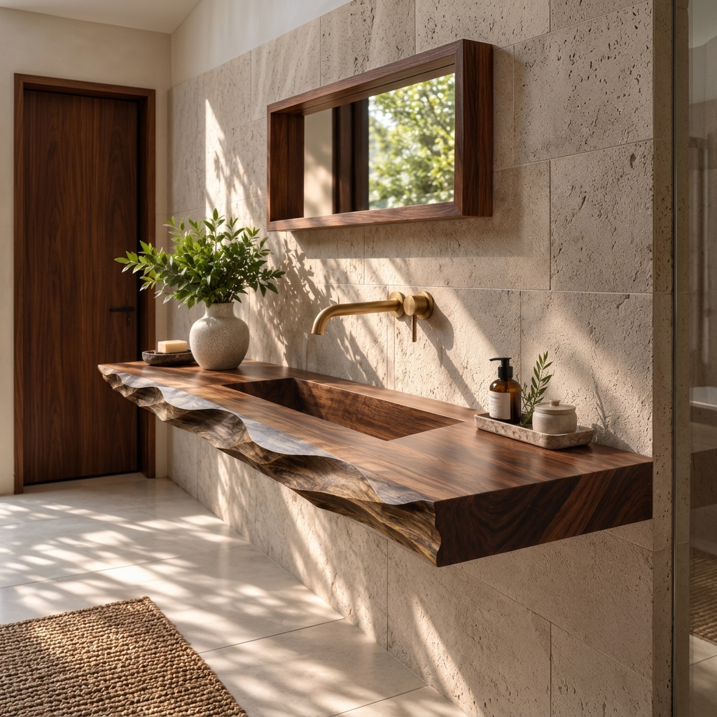Orevyn Sculpted Live Edge Handcrafted Floating Bathroom Vanity with Integrated Sink - Timberustic Floating Bathroom Vanity with Integrated Sink