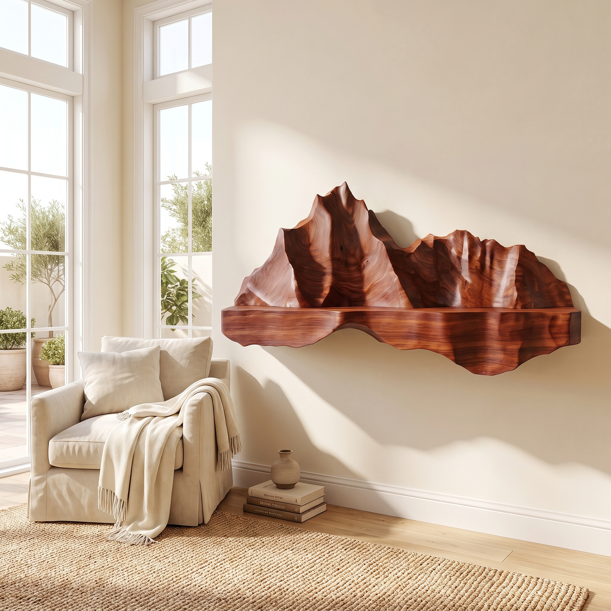 Oridell Sculpted Mountain Landscape Handcrafted Floating Shelf Mahogany - Timberustic Floating Shelf