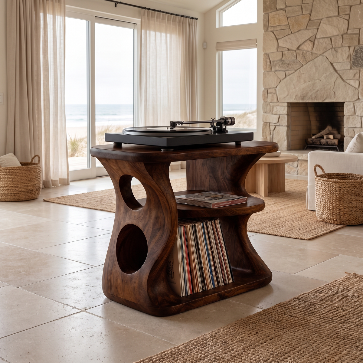 Oridrin Cutout Sculpted Handcrafted Record Player Stand With Storage Dark Walnut - Timberustic Record Player Stand With Storage