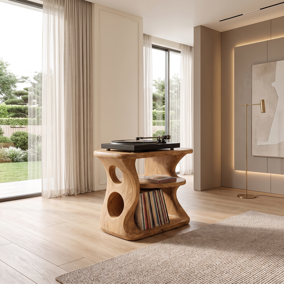 Oridrin Cutout Sculpted Handcrafted Record Player Stand With Storage Natural Oak - Timberustic Record Player Stand With Storage