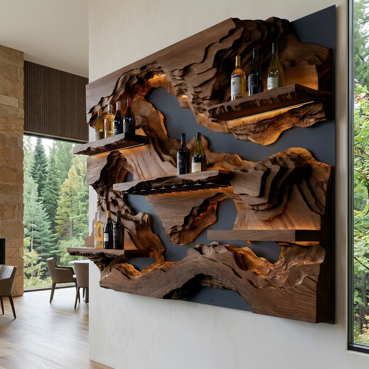Ororell Sculpted Topographic Mountain Handcrafted Floating Wine Shelf by Timberustic — Dark Walnut finish