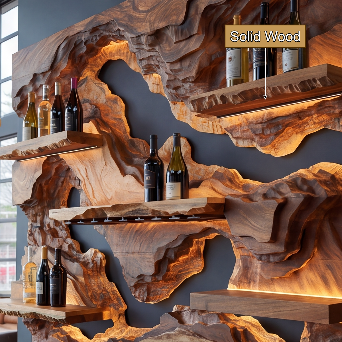 Ororell Sculpted Topographic Mountain Handcrafted Floating Wine Shelf by Timberustic — solid wood detail