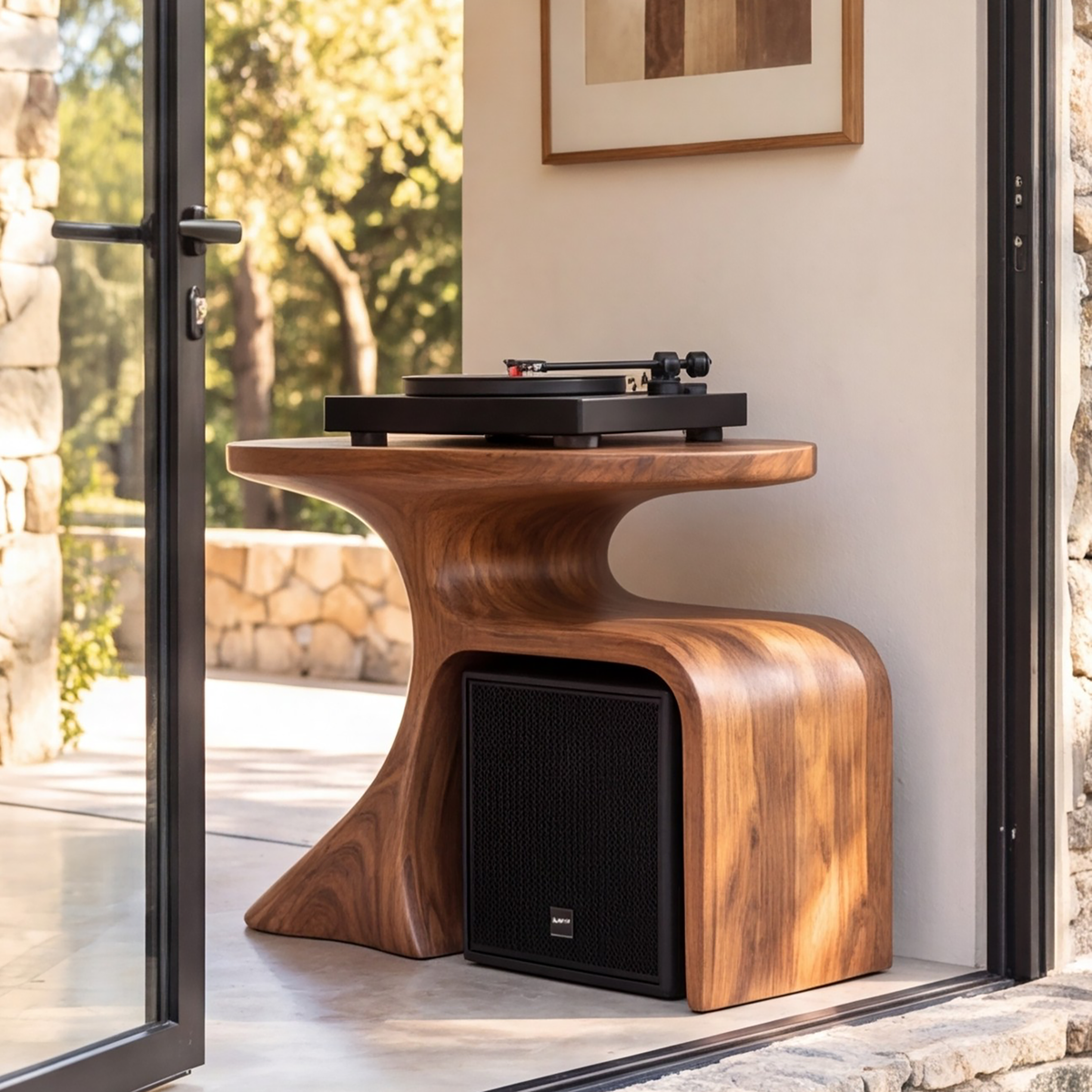 Oryven Sculpted Curved Frame Handcrafted Record Player Stand With Storage - Timberustic Record Player Stand With Storage