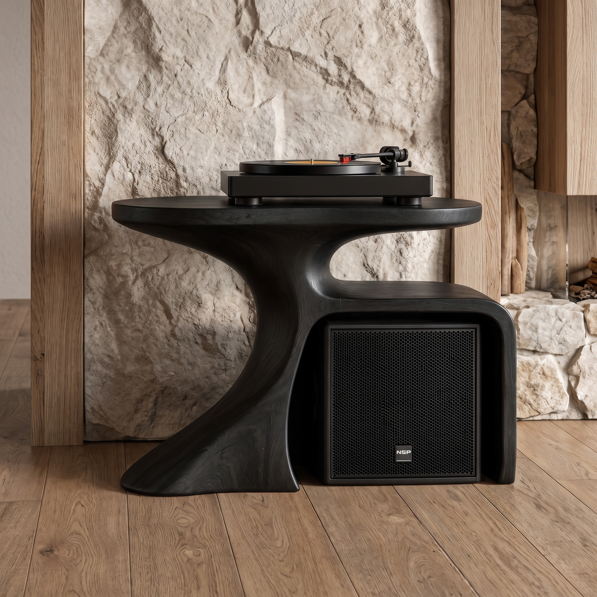 Oryven Sculpted Curved Frame Handcrafted Record Player Stand With Storage Black - Timberustic Record Player Stand With Storage