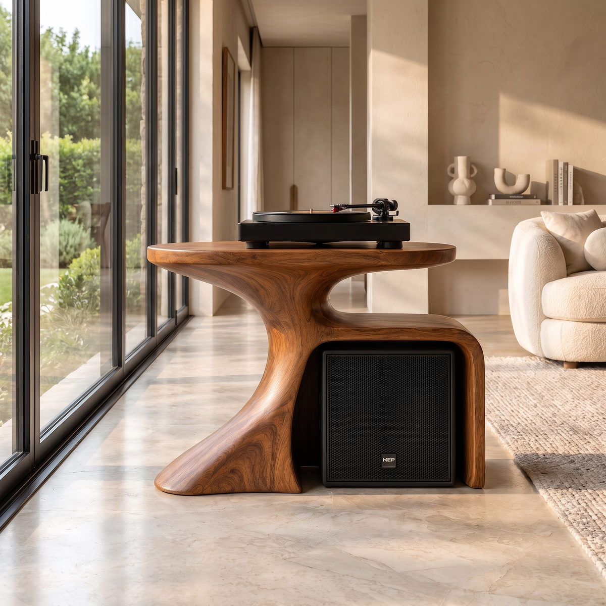 Oryven Sculpted Curved Frame Handcrafted Record Player Stand With Storage Brown - Timberustic Record Player Stand With Storage