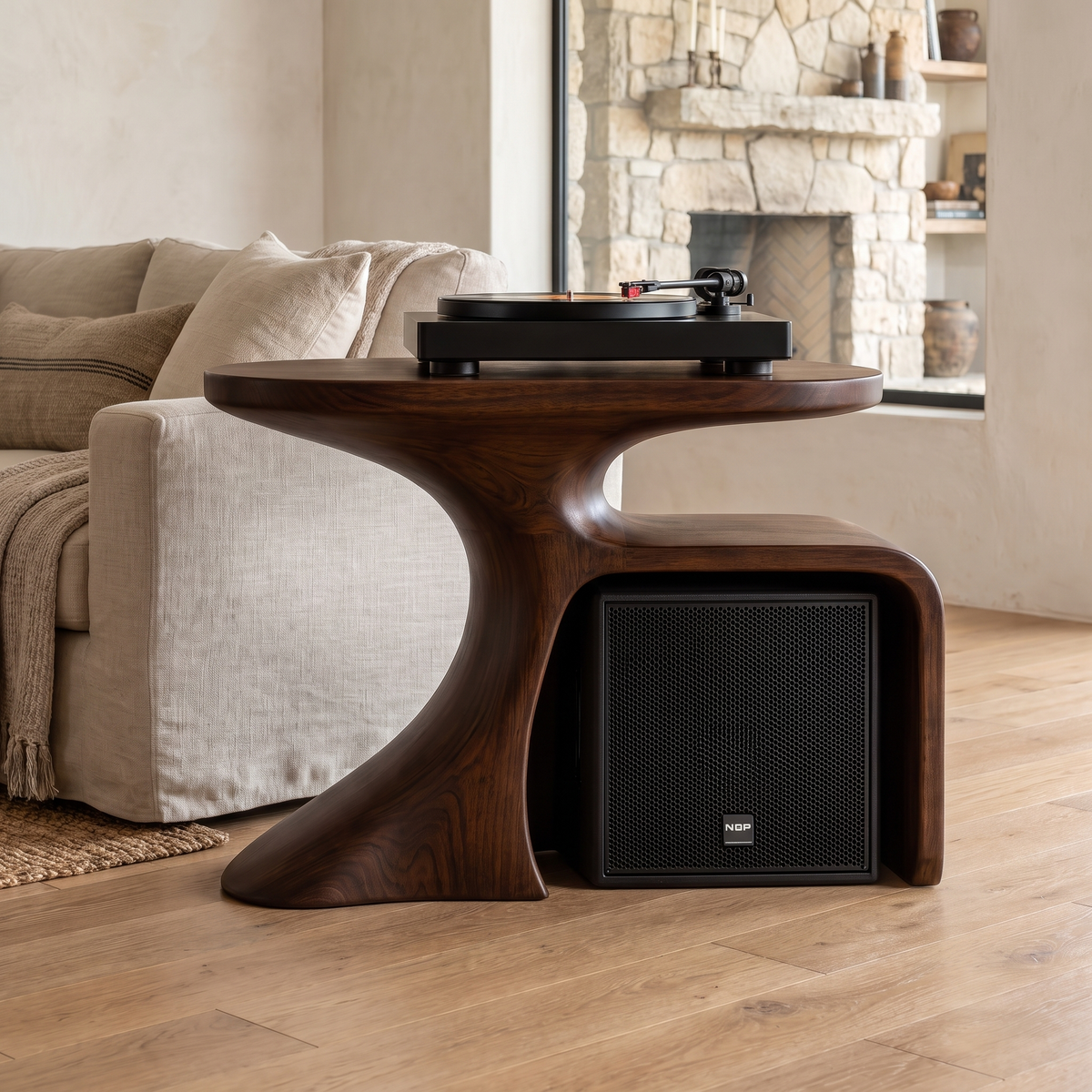 Oryven Sculpted Curved Frame Handcrafted Record Player Stand With Storage Dark Walnut - Timberustic Record Player Stand With Storage