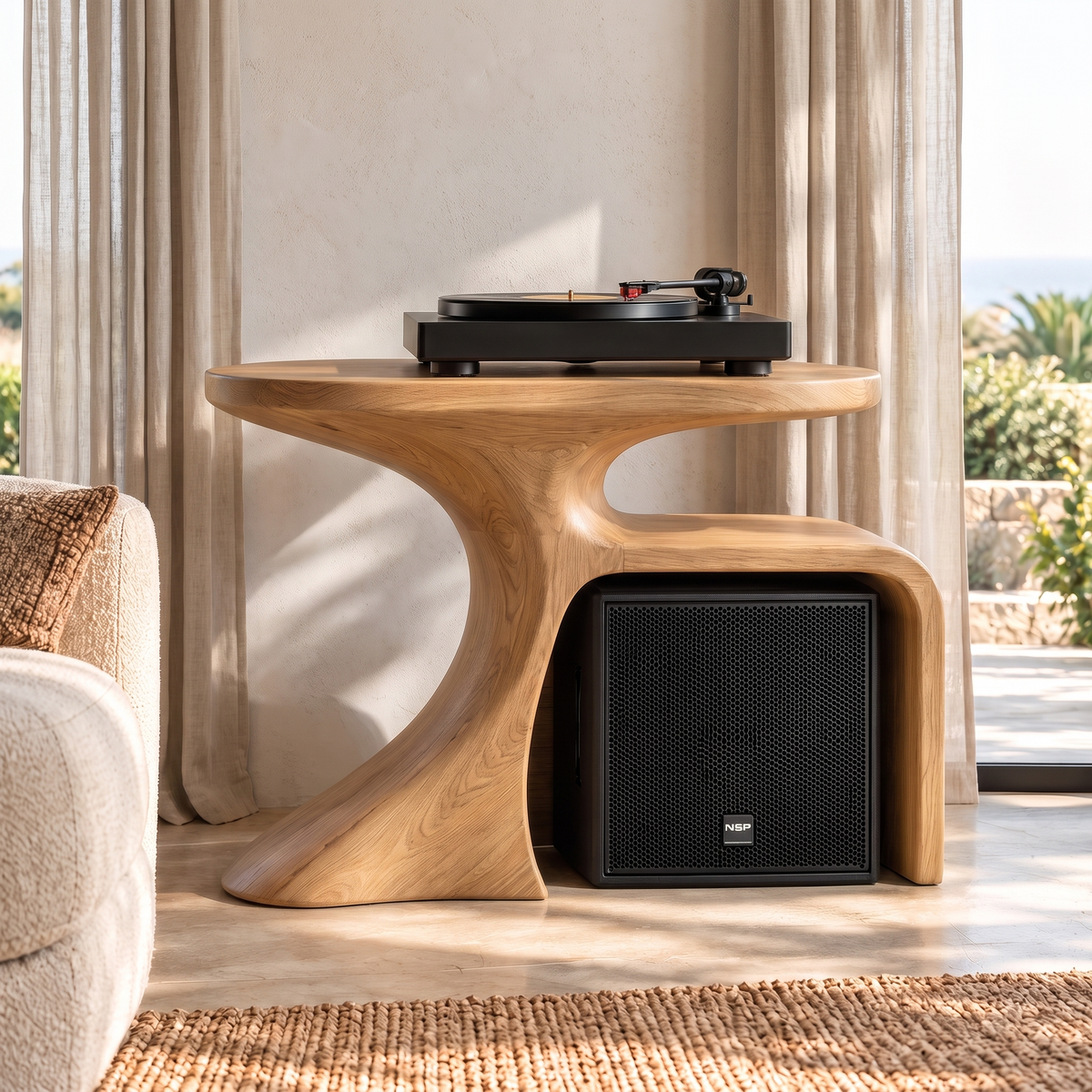 Oryven Sculpted Curved Frame Handcrafted Record Player Stand With Storage Natural Oak - Timberustic Record Player Stand With Storage