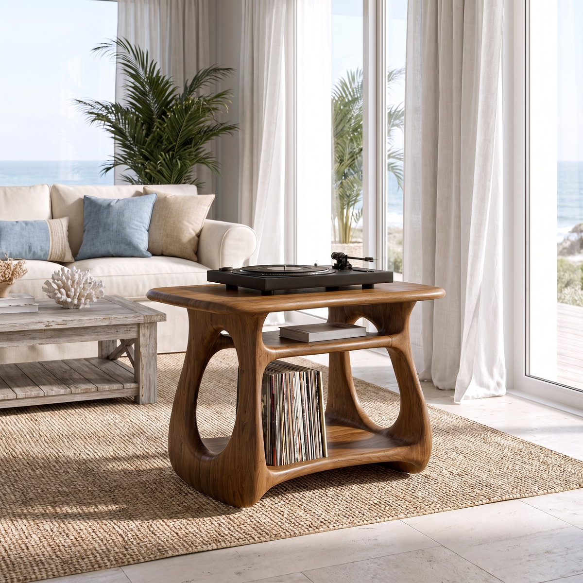 Ovara Sculpted Rounded Frame Handcrafted Record Player Stand With Storage by Timberustic — Brown finish