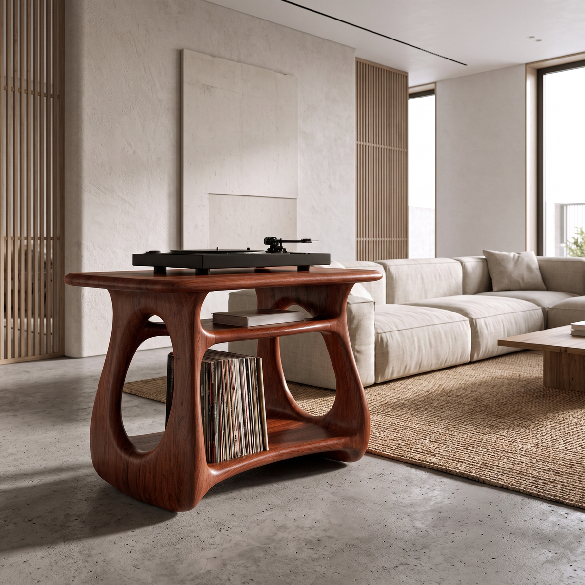 Ovara Sculpted Rounded Frame Handcrafted Record Player Stand With Storage by Timberustic — Mahogany finish