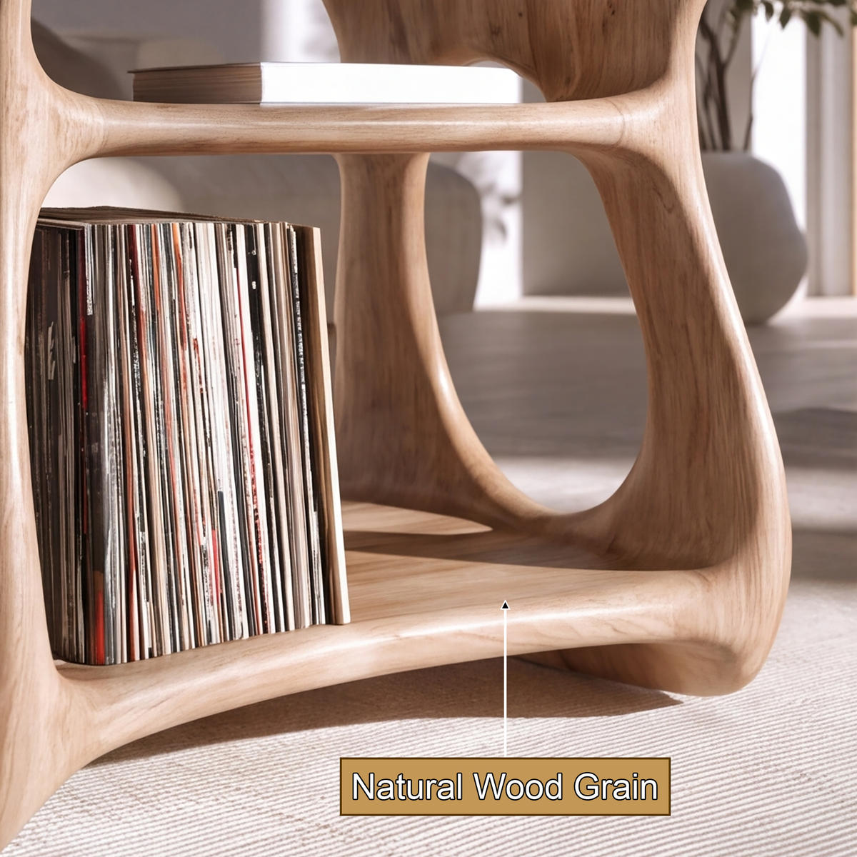 Ovara Sculpted Rounded Frame Handcrafted Record Player Stand With Storage by Timberustic — natural wood grain detail