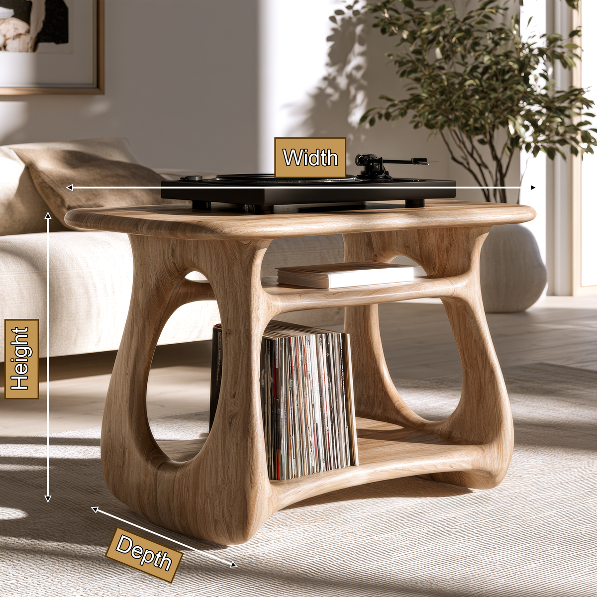 Ovara Sculpted Rounded Frame Handcrafted Record Player Stand With Storage by Timberustic — product dimensions