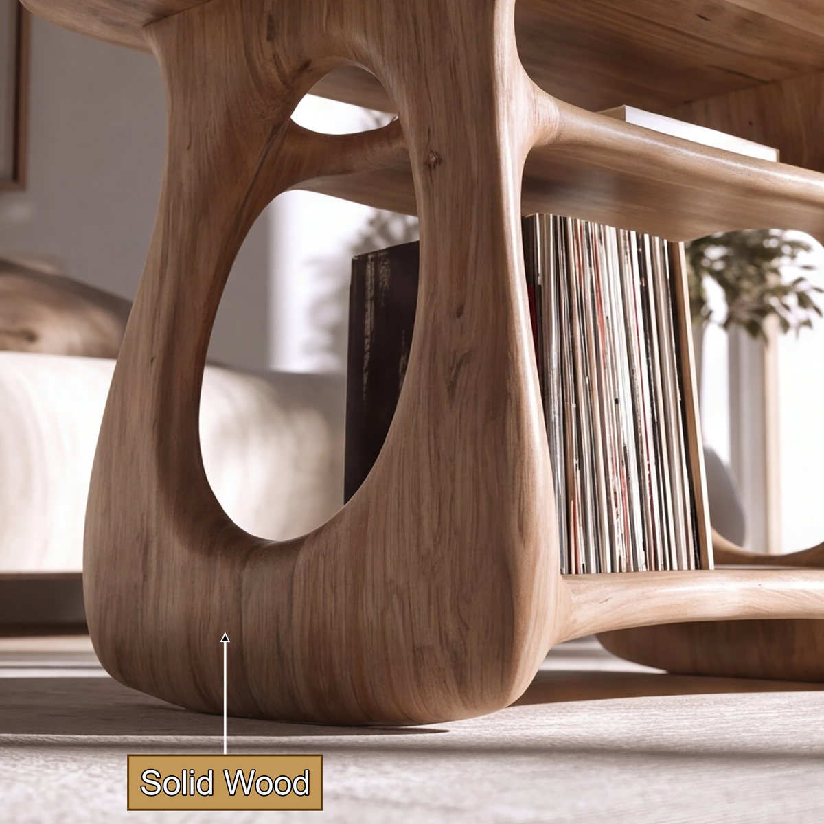 Ovara Sculpted Rounded Frame Handcrafted Record Player Stand With Storage by Timberustic — solid wood detail