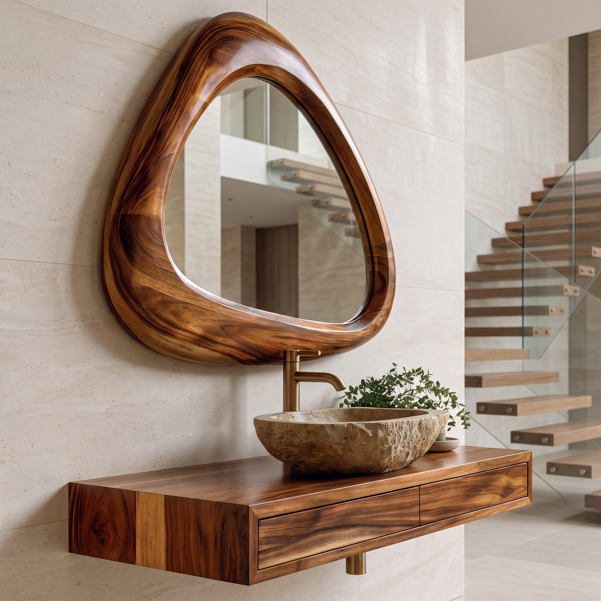 Ovelune Rounded-Triangle Sculpted Handcrafted Mirror Frame by Timberustic — Brown finish