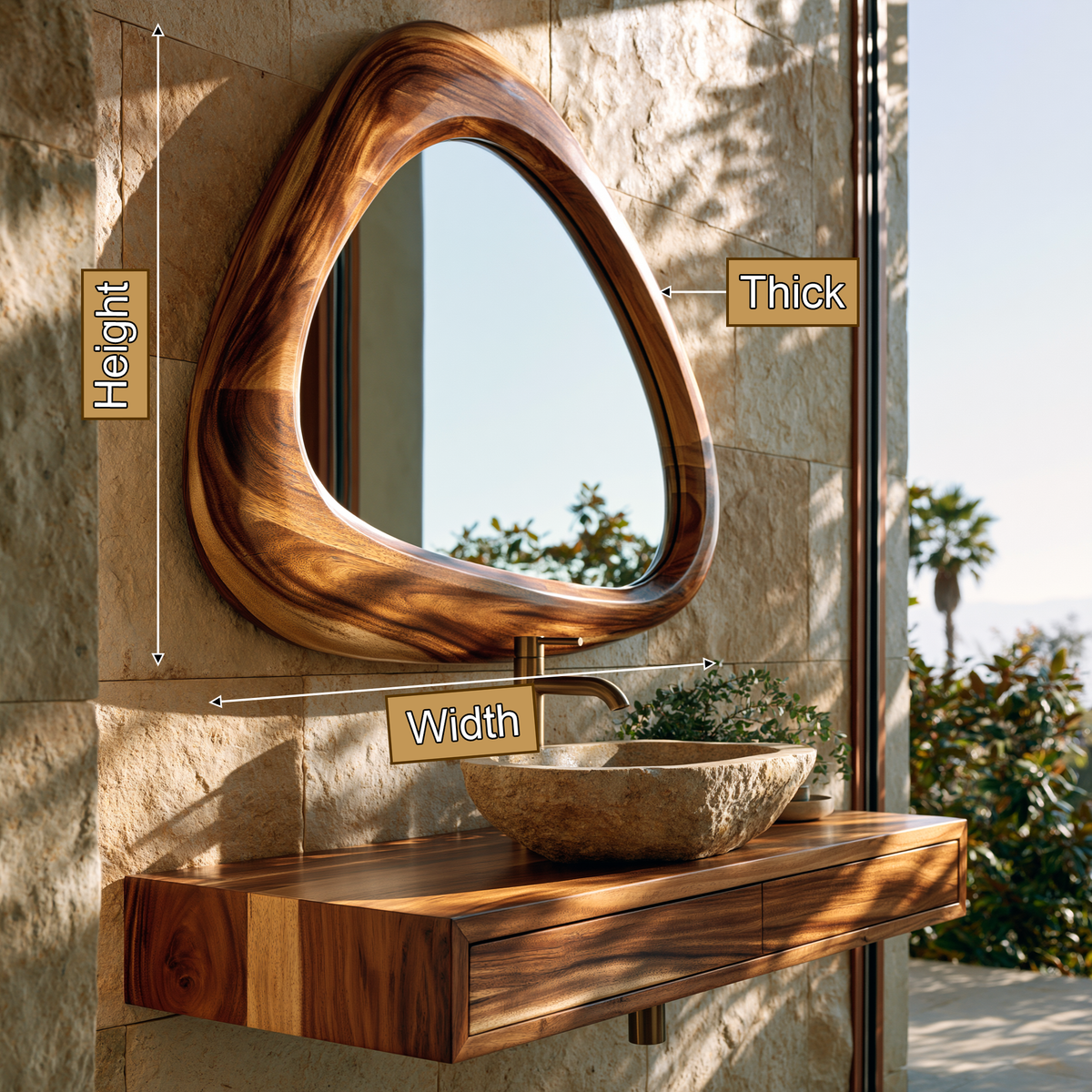 Ovelune Rounded-Triangle Sculpted Handcrafted Mirror Frame by Timberustic — product dimensions