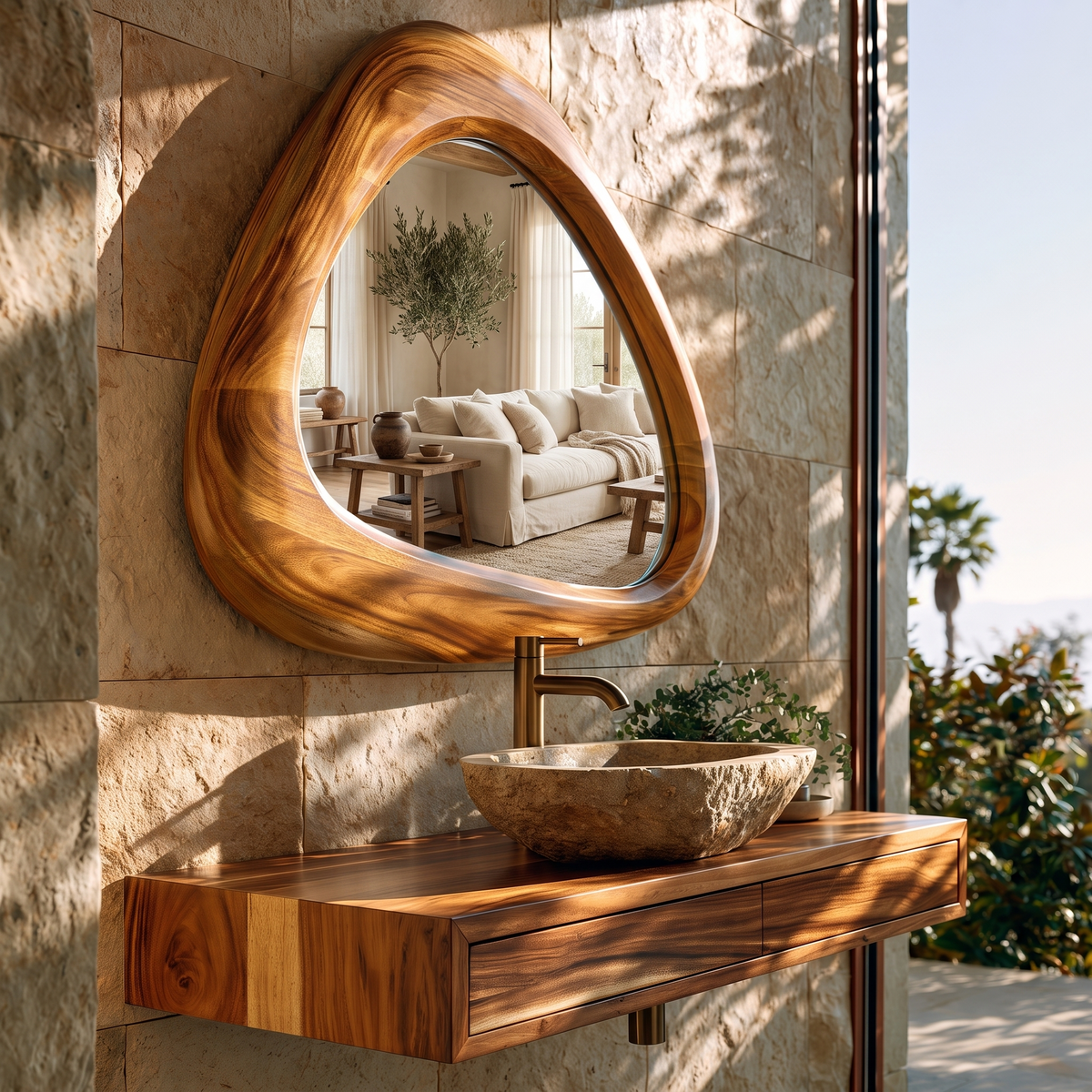 Ovelune Rounded-Triangle Sculpted Handcrafted Mirror Frame by Timberustic — Teak finish