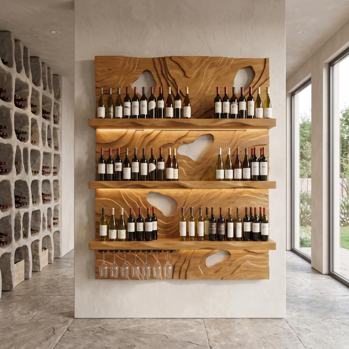 Ravelyth Sculpted Relief Handcrafted Floating Wine Shelf by Timberustic — Teak finish