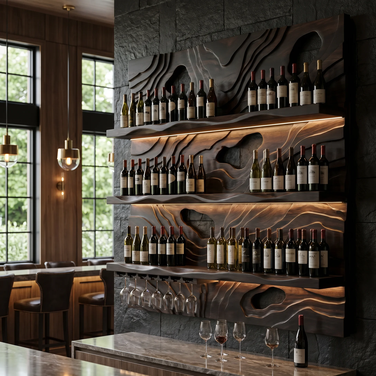 Ravelyth Sculpted Relief Handcrafted Floating Wine Shelf by Timberustic — overall product view