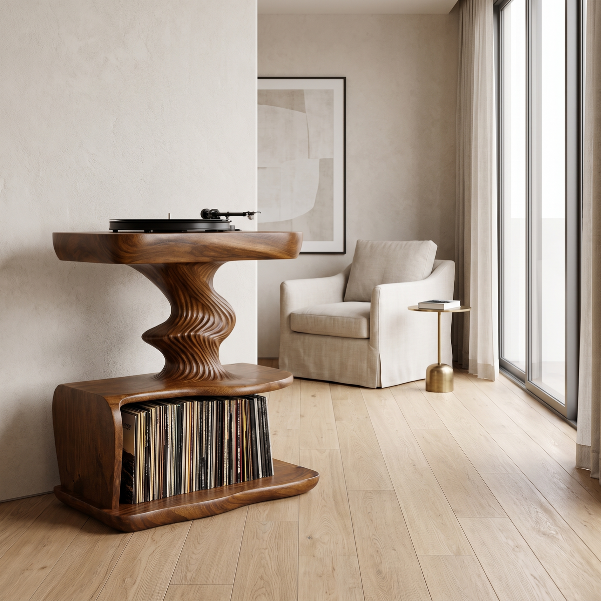 Rhyvora Twisting Sculpted Handcrafted Record Player Stand With Storage Brown - Timberustic Record Player Stand With Storage
