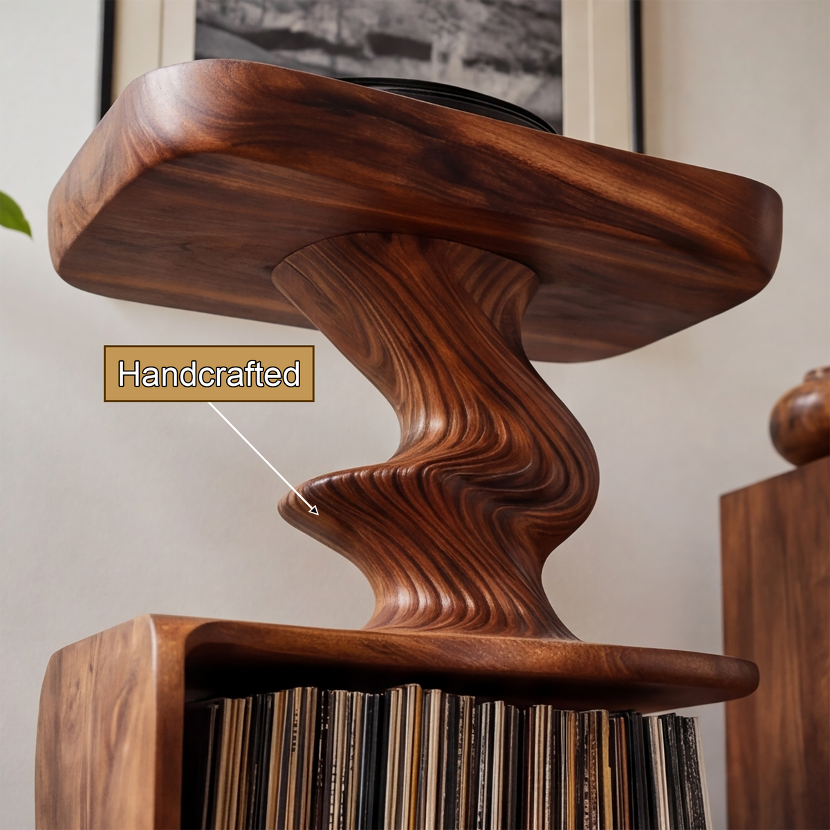 Rhyvora Twisting Sculpted Handcrafted Record Player Stand With Storage - Timberustic Record Player Stand With Storage
