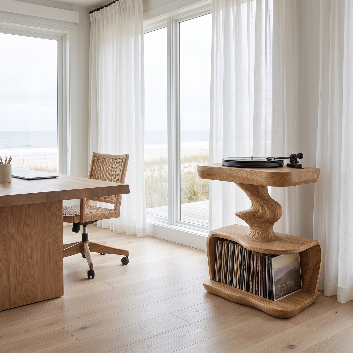 Rhyvora Twisting Sculpted Handcrafted Record Player Stand With Storage Natural Oak - Timberustic Record Player Stand With Storage