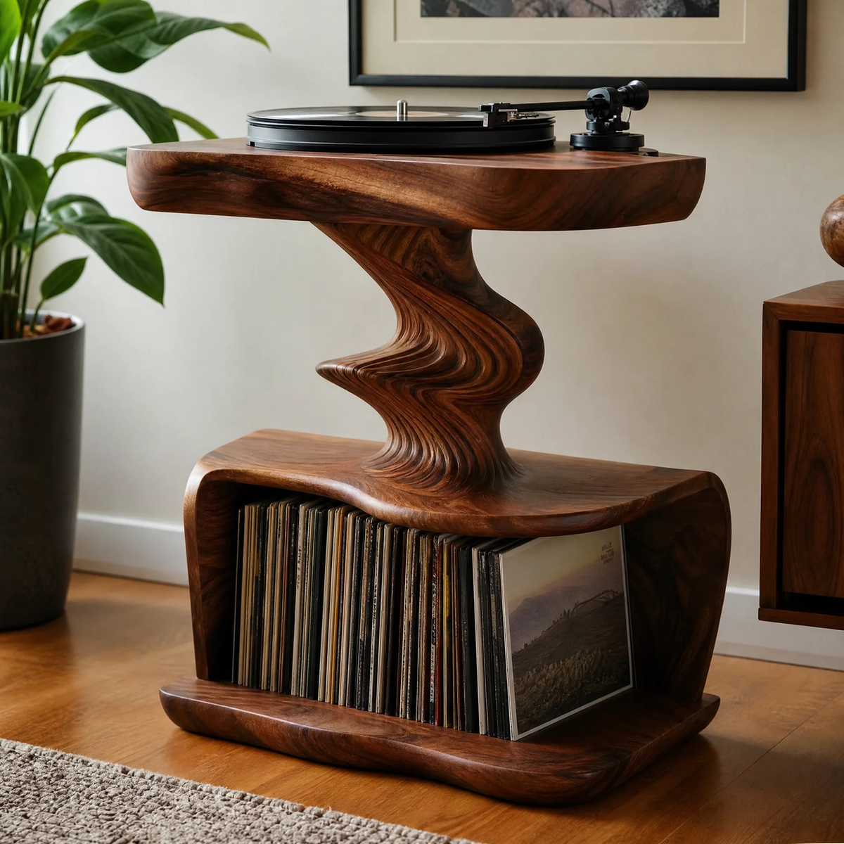 Rhyvora Twisting Sculpted Handcrafted Record Player Stand With Storage - Timberustic Record Player Stand With Storage