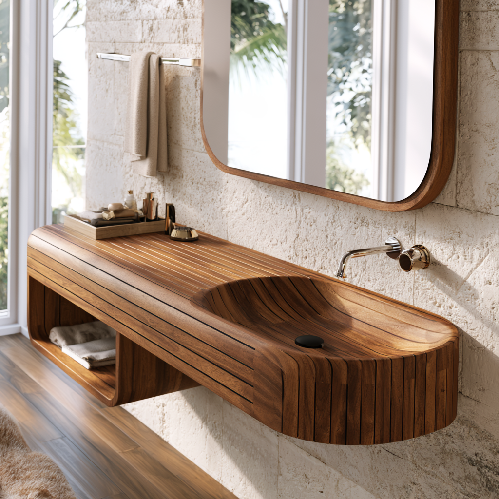 Rivessa Ribbed Sculpted Handcrafted Floating Bathroom Vanity with Integrated Sink and Open Storage by Timberustic — Brown finish