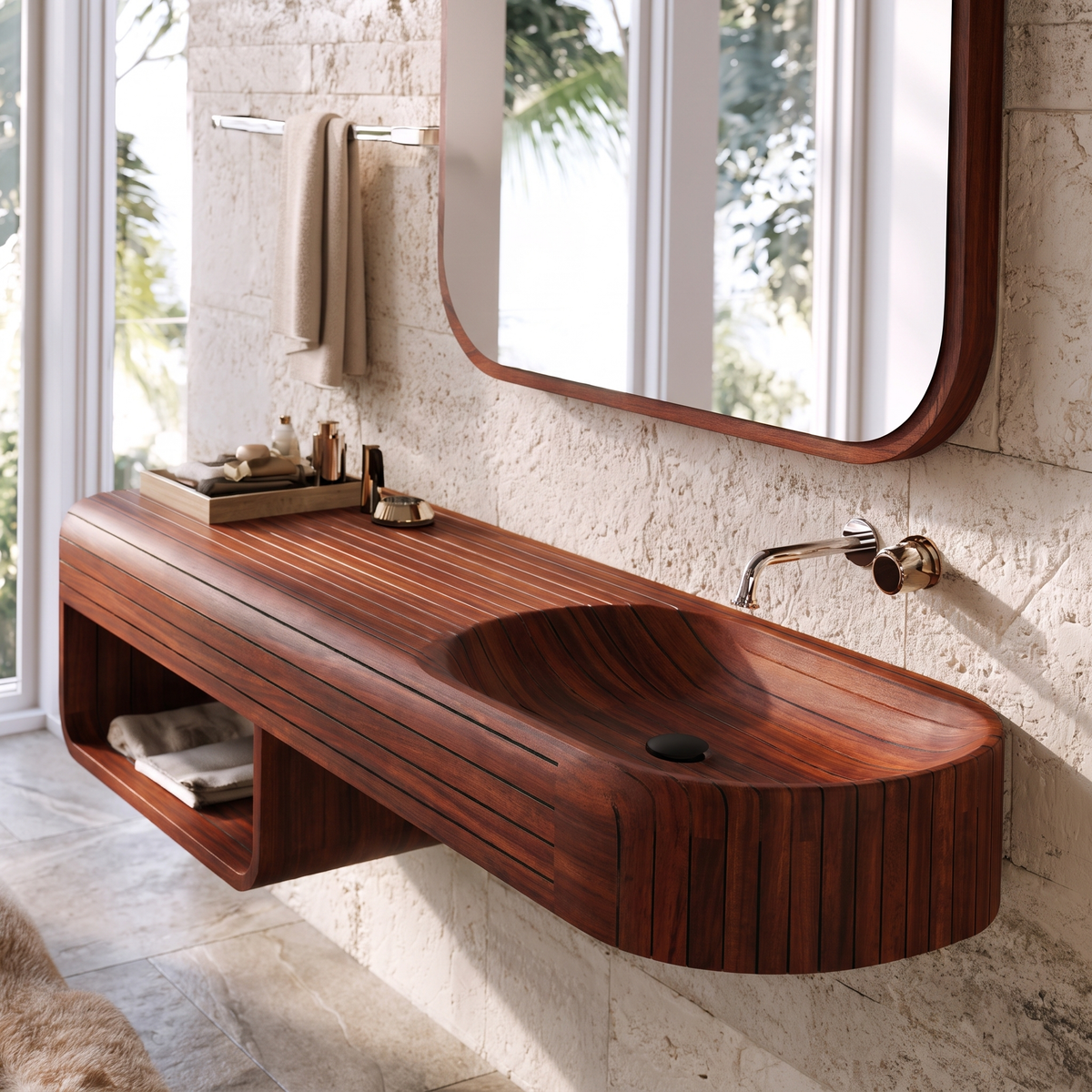 Rivessa Ribbed Sculpted Handcrafted Floating Bathroom Vanity with Integrated Sink and Open Storage by Timberustic — Mahogany finish