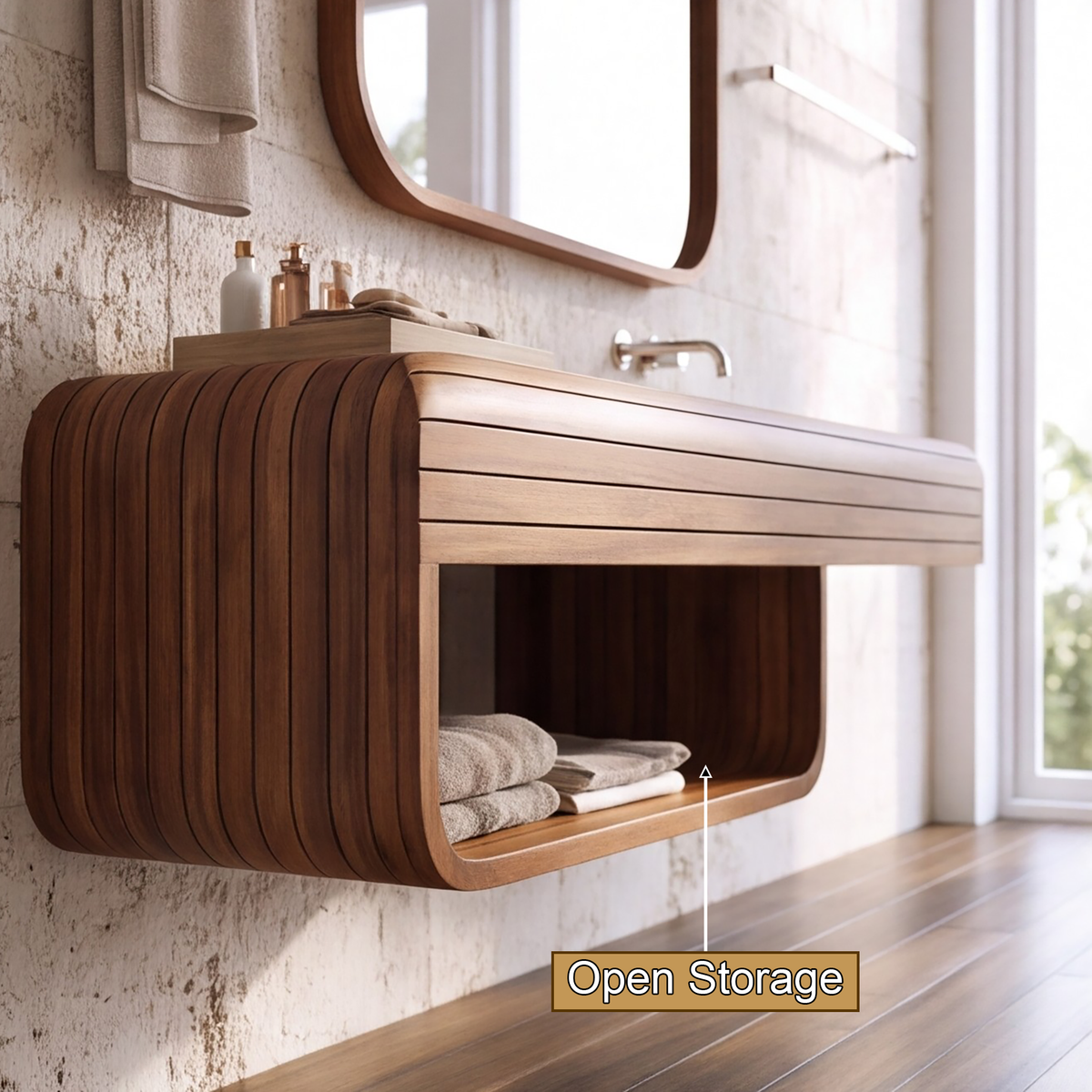 Rivessa Ribbed Sculpted Handcrafted Floating Bathroom Vanity with Integrated Sink and Open Storage by Timberustic — product detail view 5