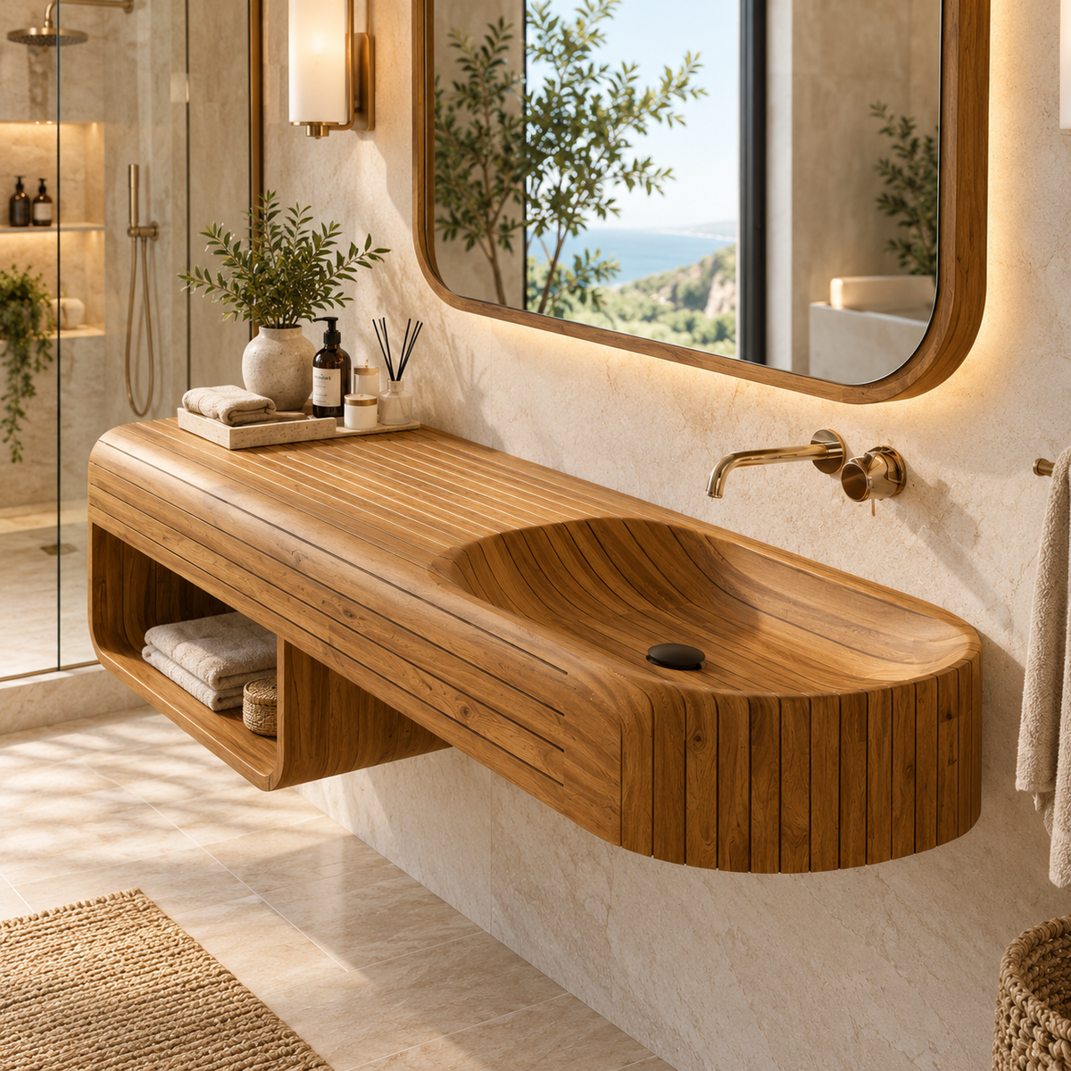 Rivessa Ribbed Sculpted Handcrafted Floating Bathroom Vanity with Integrated Sink and Open Storage by Timberustic — Teak finish